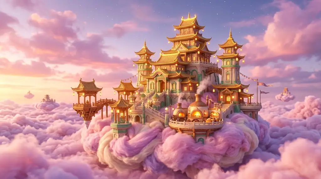 Mystical pastel monastery floating on clouds